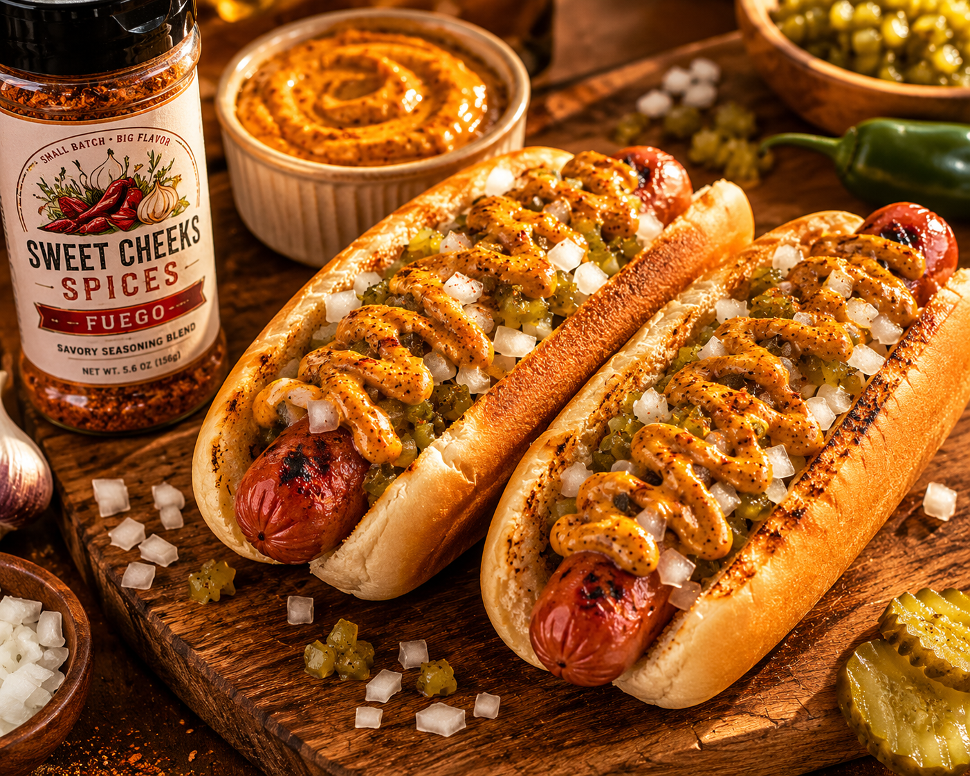 Grilled Hot Dogs with Fuego Mustard
